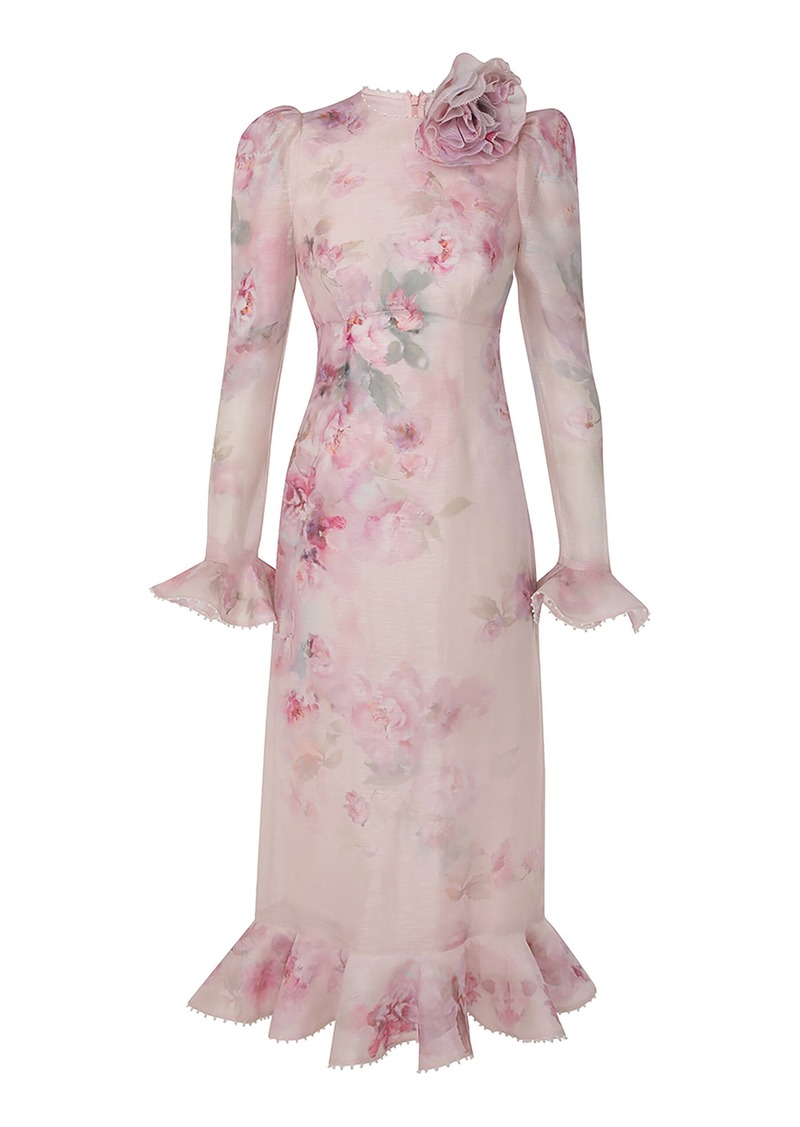 Zimmermann - Crush Flower-Detailed Linen-Silk Midi Dress - Pink - 4 - Moda Operandi