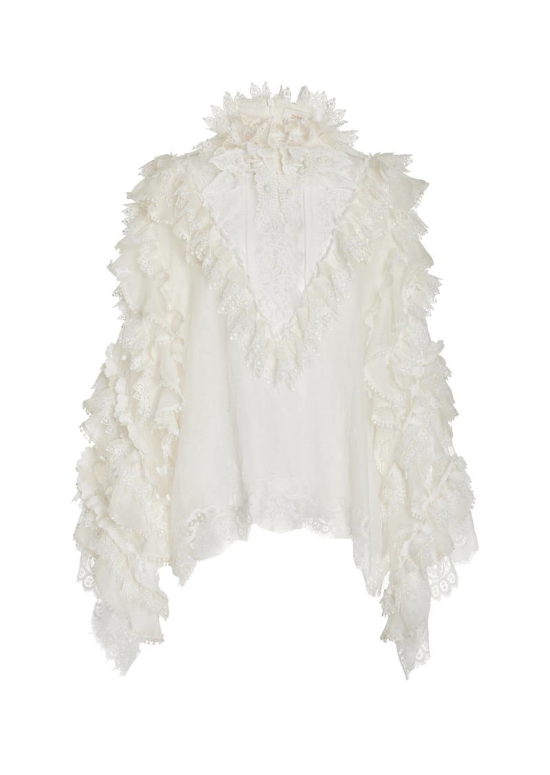 Zimmermann - Crush Lace-Trimmed Ruffle Linen-Silk Top - Ivory - S - Moda Operandi