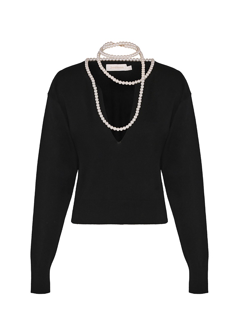 Zimmermann - Crush Necklace-Detailed Merino Wool Sweater - Black - 0 - Moda Operandi