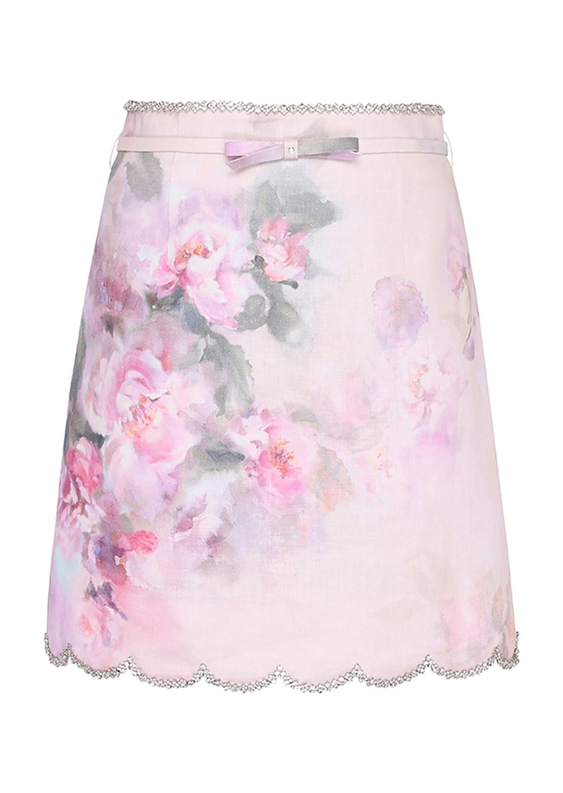 Zimmermann - Crush Scalloped Floral Linen Mini Skirt - Pink - 0 - Moda Operandi