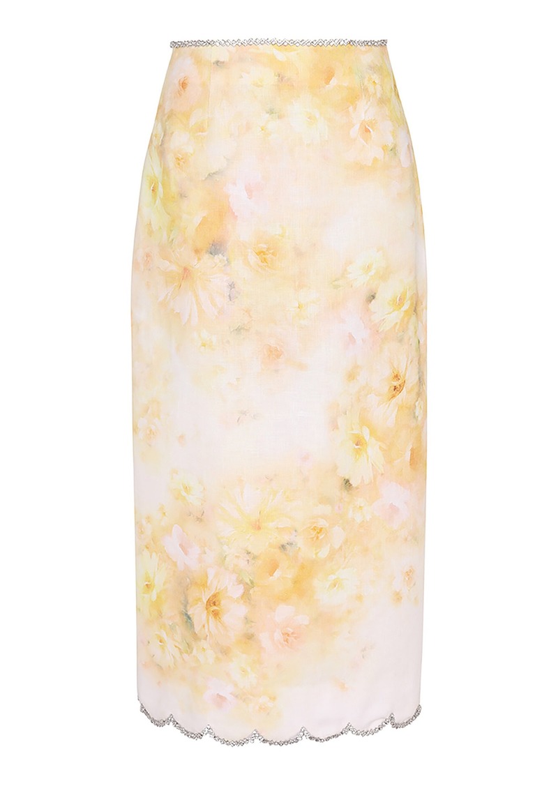 Zimmermann - Crush Scalloped Linen Midi Skirt - Yellow - 0P - Moda Operandi