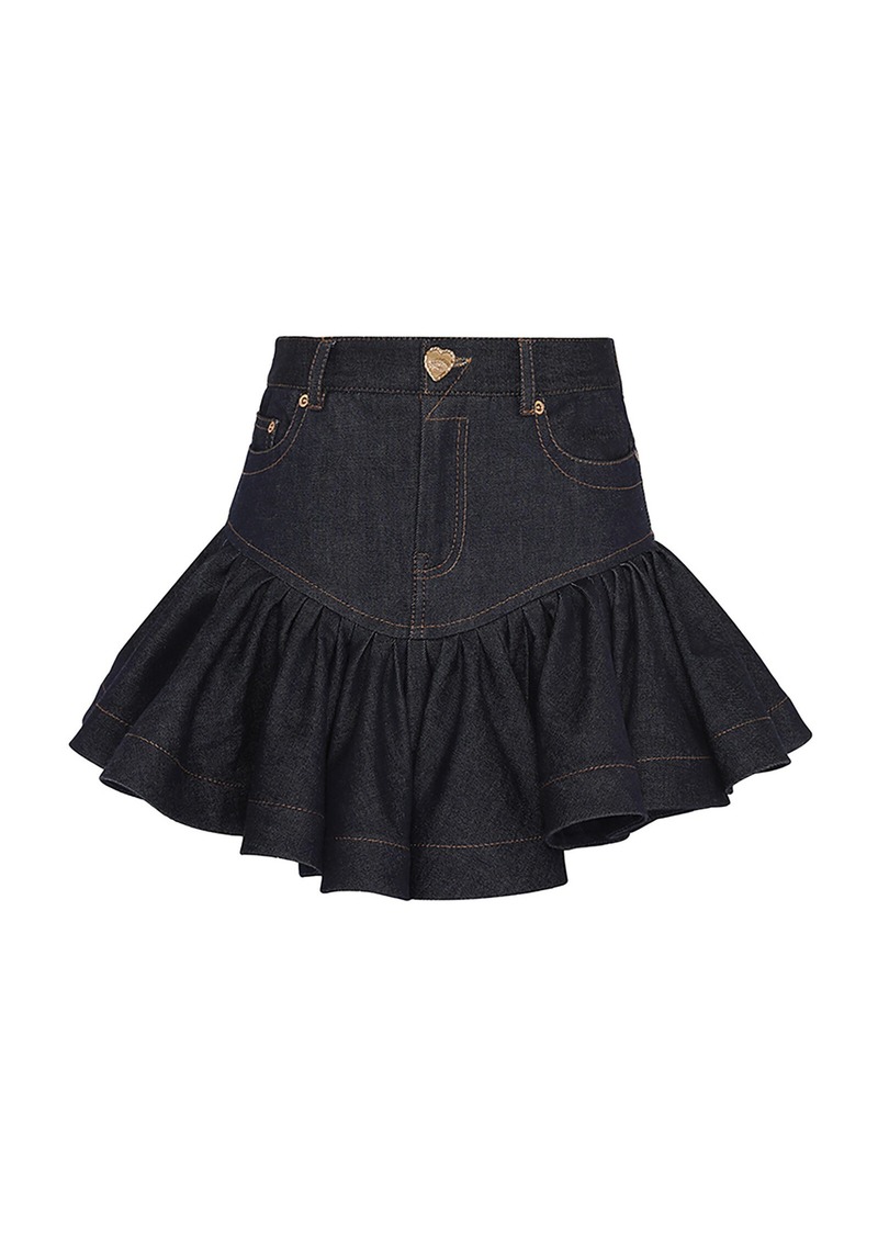 Zimmermann - Crushed Flared Denim Mini Skirt - Dark Wash - 2 - Moda Operandi