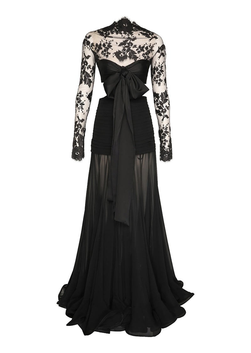 Zimmermann - Illustration Flounce Bow-Detailed Cutout Lace-Silk Gown - Black - 0 - Moda Operandi