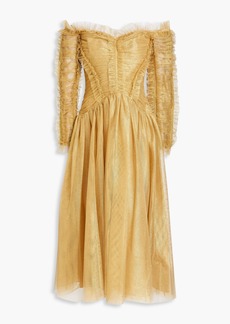 Zimmermann - Off-the-shoulder gathered metallic tulle midi dress - Metallic - 0