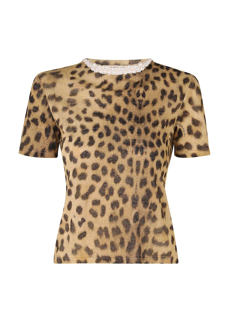 Zimmermann - Pearl-Embellished Animal-Print Linen T-Shirt - Animal - 1 - Moda Operandi