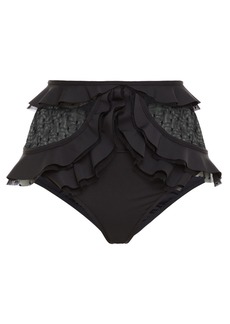 Zimmermann - Point d'esprit-paneled ruffled high-rise bikini briefs - Black - 0