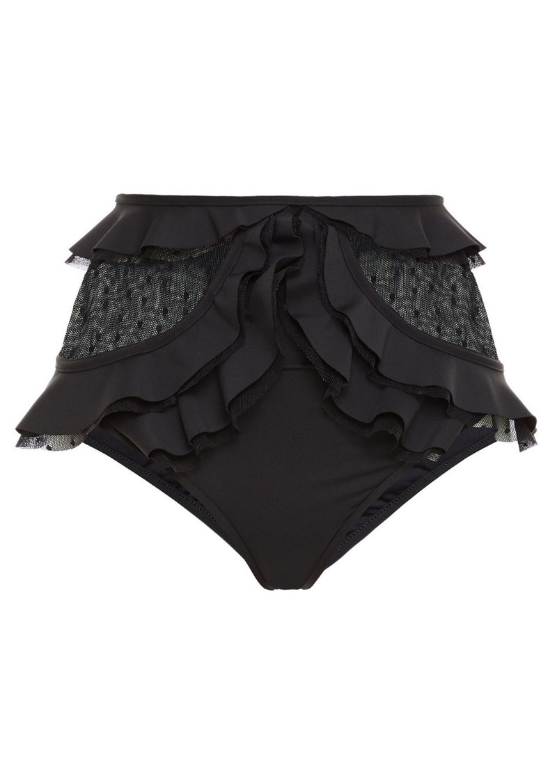Zimmermann - Point d'esprit-paneled ruffled high-rise bikini briefs - Black - 0