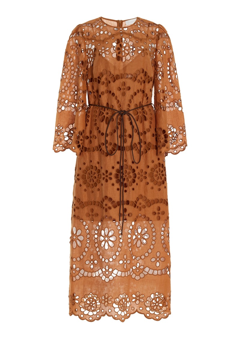 Zimmermann - Pop Embroidered Linen Midi Dress - Brown - 4 - Moda Operandi