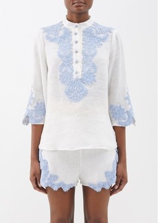 Zimmermann - Raie Lace-embroidered Linen-voile Top - Womens - Blue Ivory