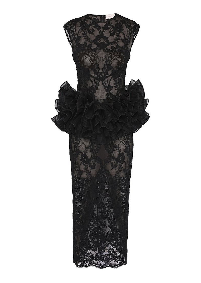 Zimmermann - Ruffled Lace Peplum Midi Dress - Black - 2 - Moda Operandi