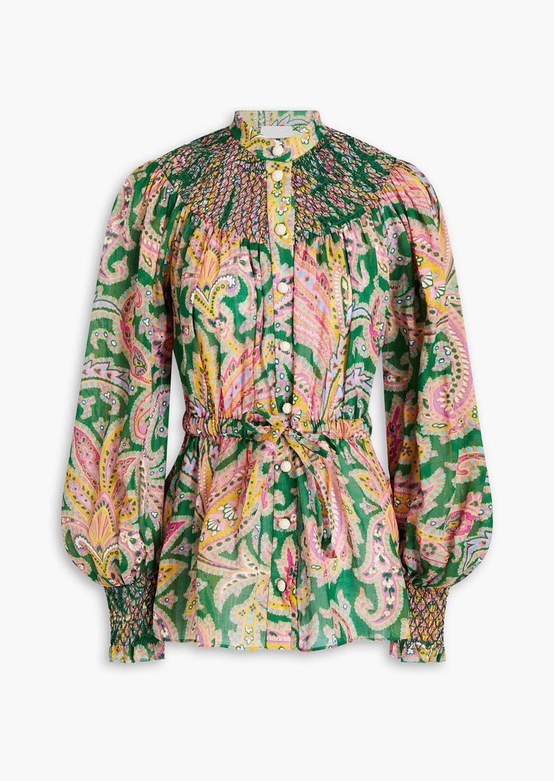 Zimmermann - Smocked printed ramie blouse - Green - 00