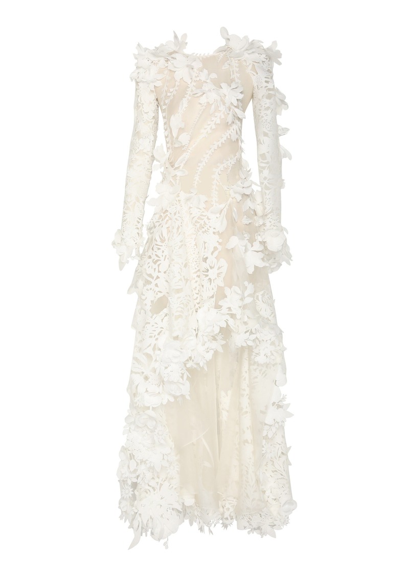 Zimmermann - Tranquility Floral-Appliquéd Linen-Silk Midi Dress - Ivory - 0 - Moda Operandi