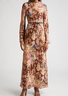 Zimmermann August Floral Print Long Sleeve Belted Linen Maxi Dress