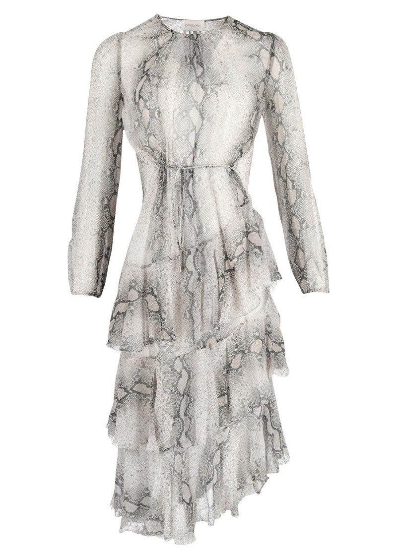 Zimmermann Corsage Python-Print Tiered Midi Dress in Grey Silk