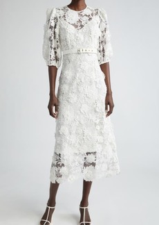 Zimmermann Halliday Floral Belted Lace Midi Dress
