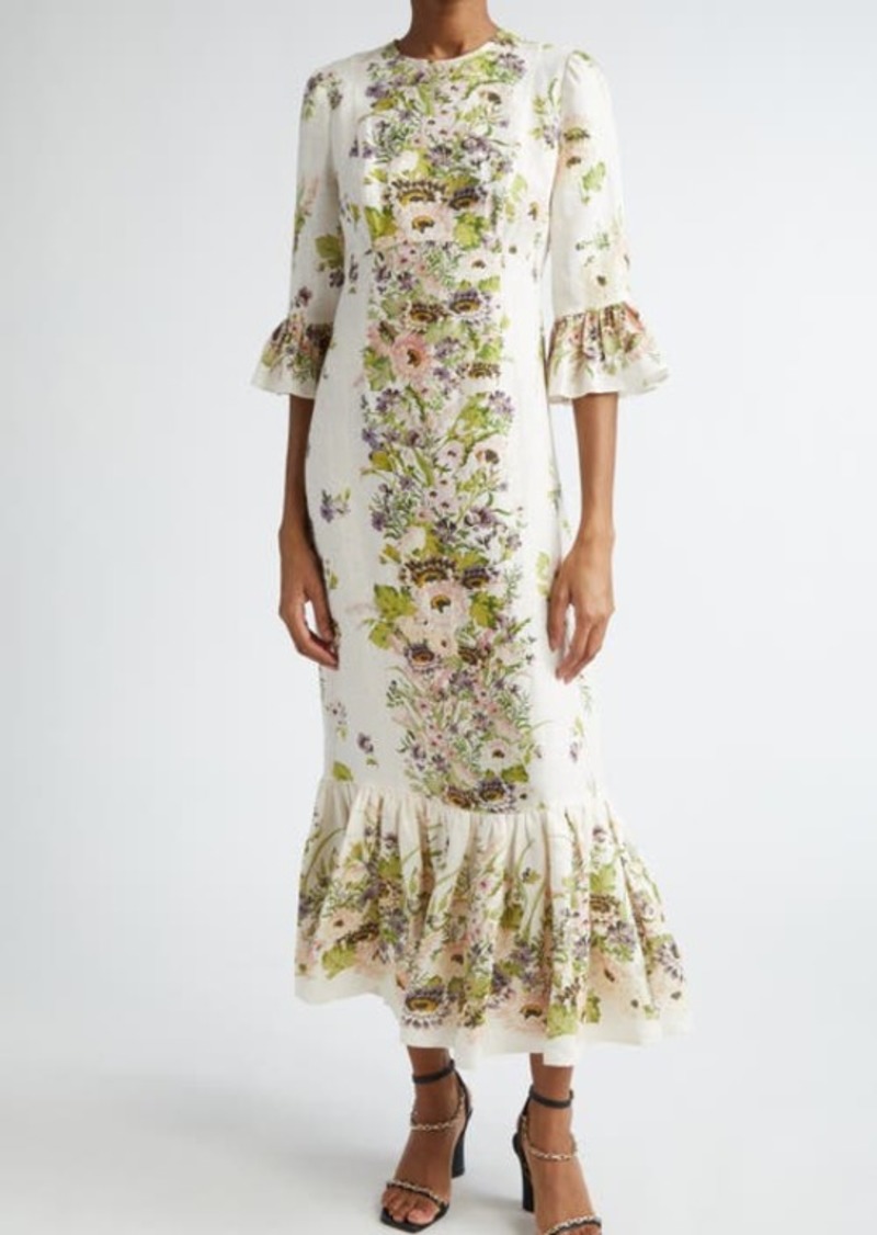 Zimmermann Halliday Floral Frill Sleeve Linen Dress