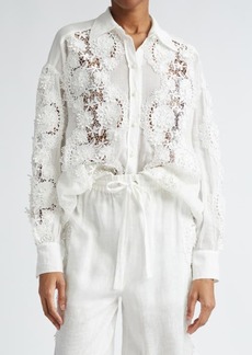 Zimmermann Halliday Floral Lace Semisheer Ramie Button-Up Shirt