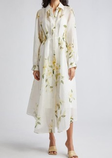 Zimmermann Harmony Floral Print Pleated Long Sleeve Linen & Silk Shirtdress