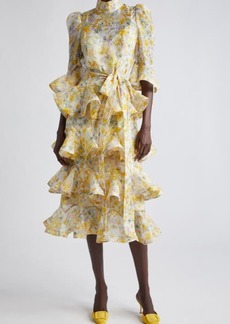Zimmermann Harmony Floral Ruffle Tiered Linen & Silk Midi Dress