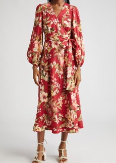 Zimmermann Lexi Floral Long Sleeve Linen Wrap Dress