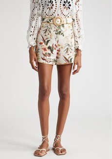 Zimmermann Lexi Tropical Floral Belted Raffia Trim Linen Shorts
