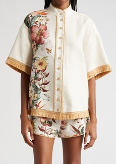 Zimmermann Lexi Tropical Floral Raffia Trim Button-Up Shirt