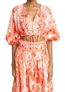Zimmermann Lyre Palm Print Crop Linen Blouse in Red Palm at Nordstrom