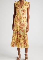 Zimmermann Matchmaker Hibiscus Print Flutter Sleeve Midi Dress