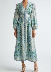 Zimmermann Ottie Paisley Long Sleeve Linen Midi Dress