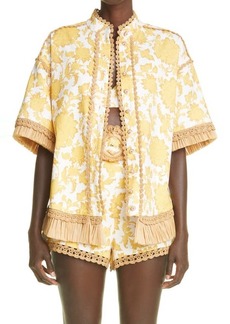 Zimmermann Postcard Floral Print Fringe Cotton Shirt in Yellow Tonal Floral at Nordstrom