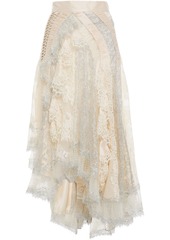 Zimmermann Woman Asymmetric Ruffled Silk-shantung Lace And Flocked Tulle Skirt Cream