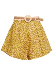 Zimmermann Woman Carnaby Belted Pleated Leopard-print Linen Shorts Yellow