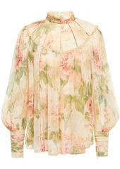 Zimmermann Woman Espionage Swing Lace-trimmed Floral-print Silk-crepon Blouse Beige
