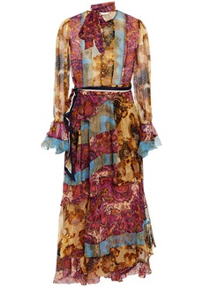 Zimmermann - Tiered tie-neck printed silk-crepon midi dress - Multicolor - 0
