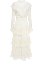 Zimmermann Woman Glassy Tiered Lace Flocked Tulle And Swiss-dot Silk-georgette Midi Dress Ivory