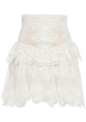 Zimmermann Woman Glassy Wave Ruffled Linen And Silk-blend Guipure Lace Mini Skirt Off-white