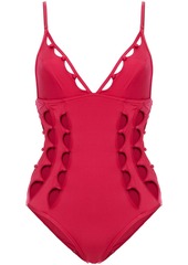 Zimmermann Woman Goldie Crescent Button-embellished Cutout Floral-print Swimsuit Magenta