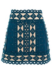 Zimmermann Woman Moncur Studded Broderie Anglaise Silk Crepe De Chine And Cotton-canvas Mini Skirt Teal