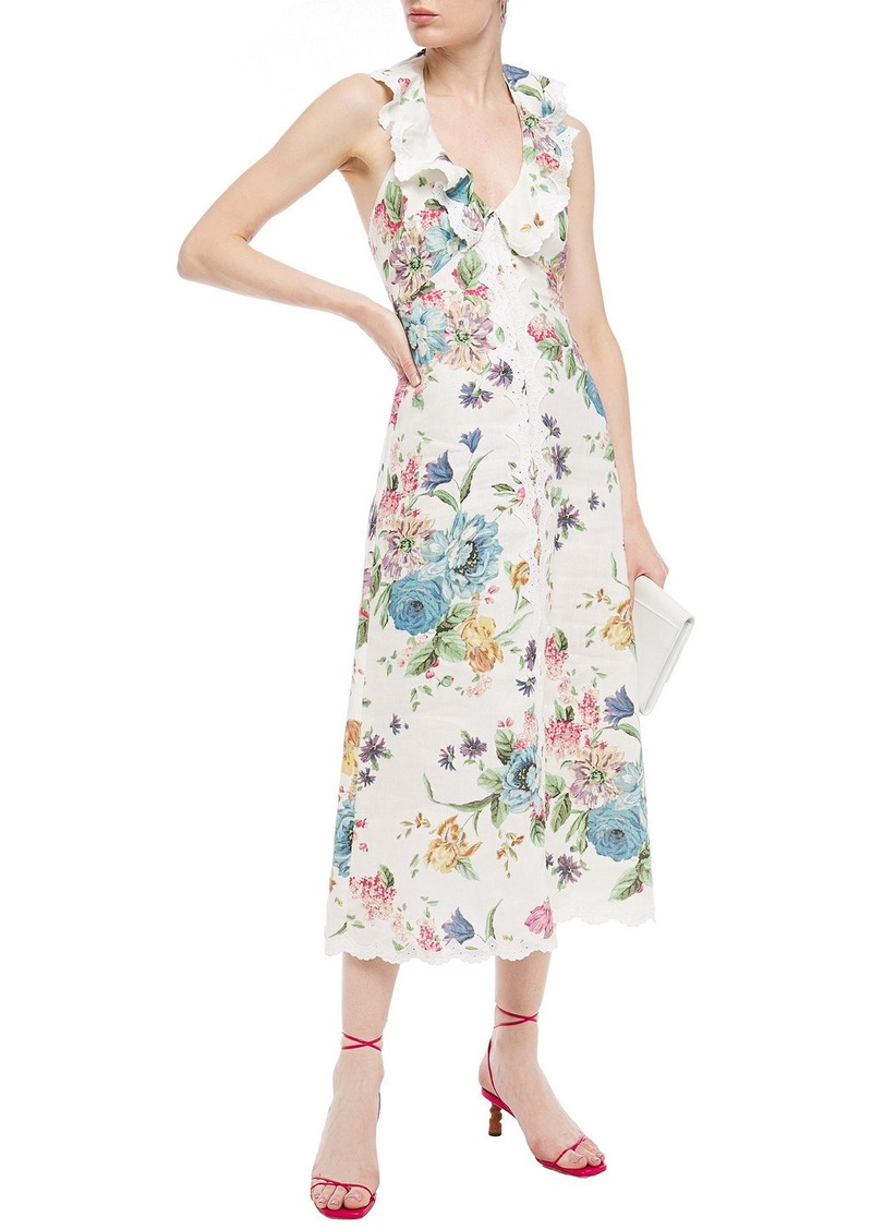 Woman Ninety Six Cascade Floral-print Linen Halterneck Midi Dress Ivory ...