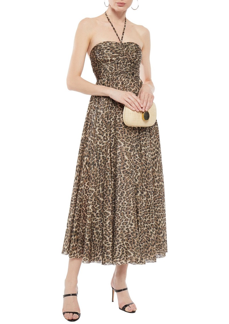 Download Woman Ruched Leopard Print Silk Voile Halterneck Midi Dress Animal Print 60 Off