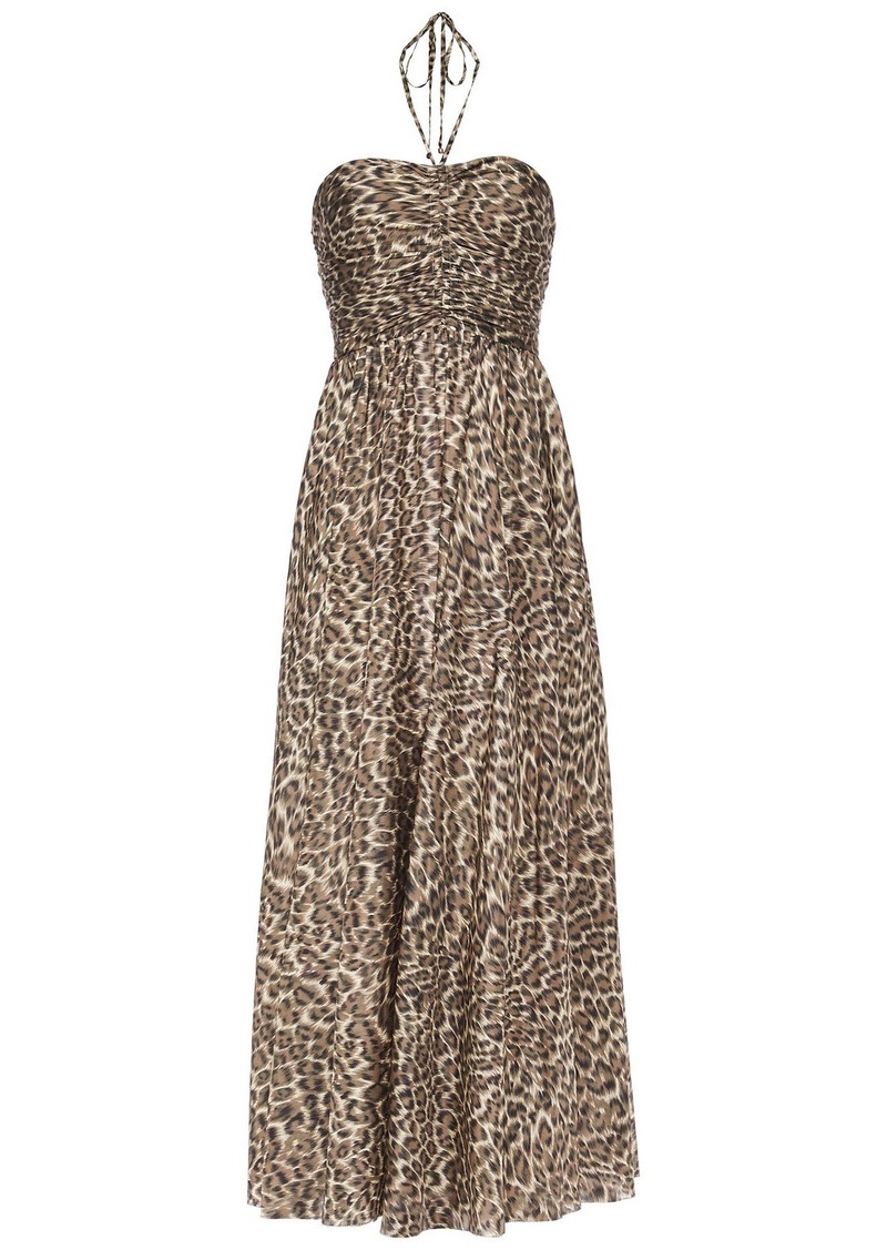 Download Woman Ruched Leopard Print Silk Voile Halterneck Midi Dress Animal Print 60 Off