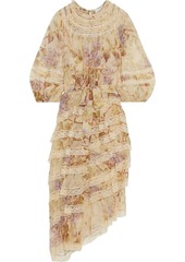 Zimmermann Woman Sabotage Tiered Lace-trimmed Floral-print Silk-chiffon Midi Dress Sand