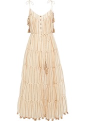 Zimmermann Woman Tiered Metallic Striped Cotton-blend Gauze Midi Dress Sand