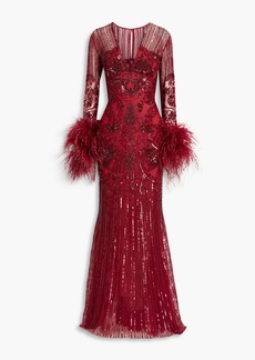 Zuhair Murad - Feather-trimmed embellished tulle gown - Burgundy - FR 38