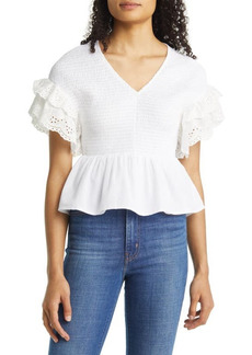 1.STATE Smocked Flutter Sleeve Peplum Cotton Voile Top in Ultra White at Nordstrom