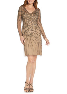 Adrianna Papell Beaded Mesh Illusion Long Sleeve Sheath in Lead/Nude at Nordstrom