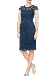 Alex Evenings Embroidered Mesh Cocktail Dress in Navy at Nordstrom