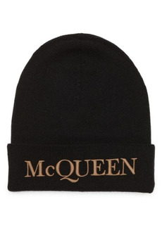 Alexander McQueen Embroidered Logo Cuffed Cashmere Beanie in Black/Beige at Nordstrom