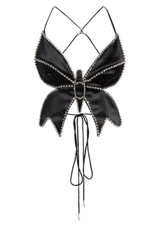 Area Crystal Butterfly Satin Crop Top in Black at Nordstrom