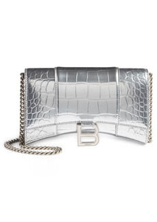 Balenciaga Hourglass Metallic Croc Embossed Leather Wallet on a Chain in Silver at Nordstrom